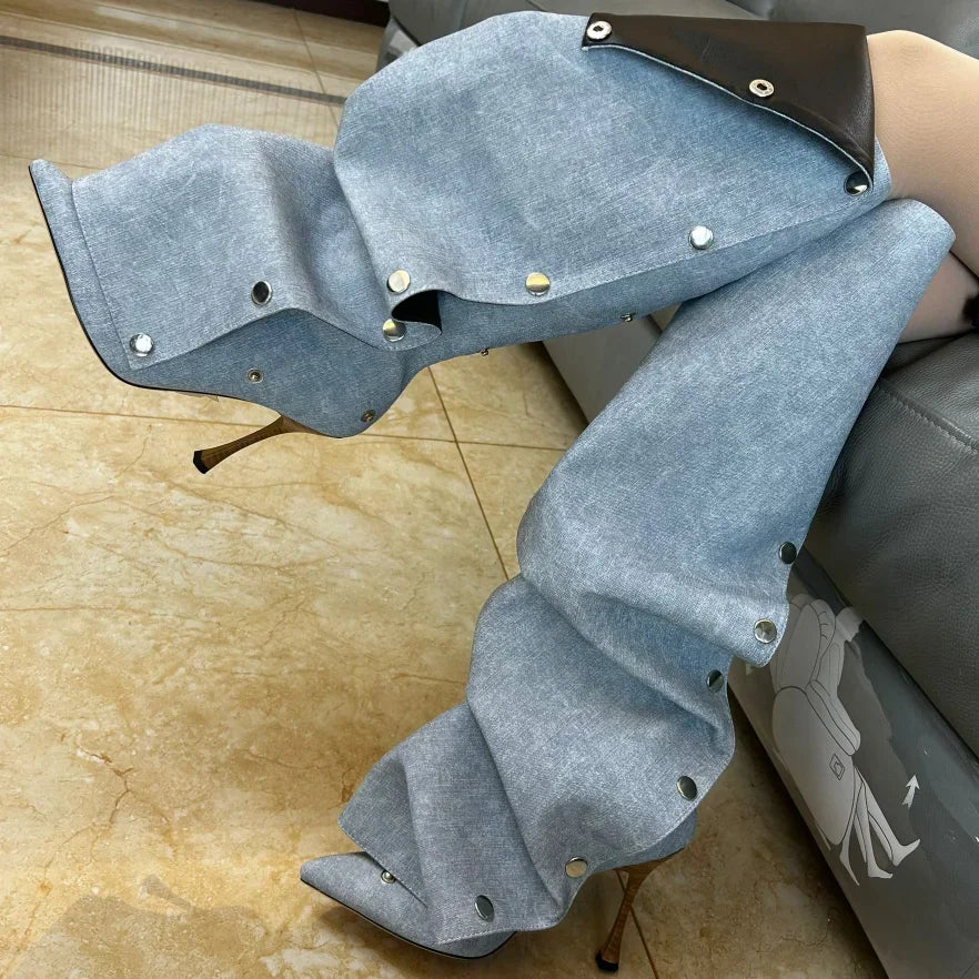 Just Arrived 7 Colors High Heel Long Boots for Women Botte Winter Boots Shoes Botas Mujer Thin Heeled Pointed Leather Denim Metal Button Shoe s Women Casual Apparel Accessories