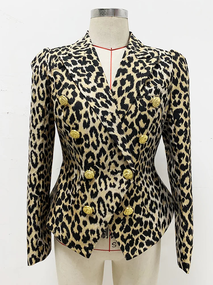 HIGH STREET Newest Designer Jacket Women's Slim Fit Lion Buttons Double Breasted Jackquard Leopard Blazer