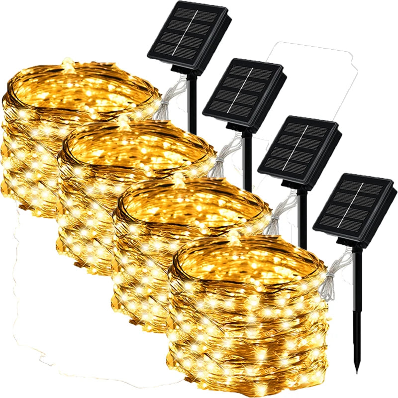 4 PCS Set 22m-200LEDS Outdoor Solar String Light LED Fairy Garland Copper Wire Light Garden Yard Party Christmas Decoration Lamp 8 Mode