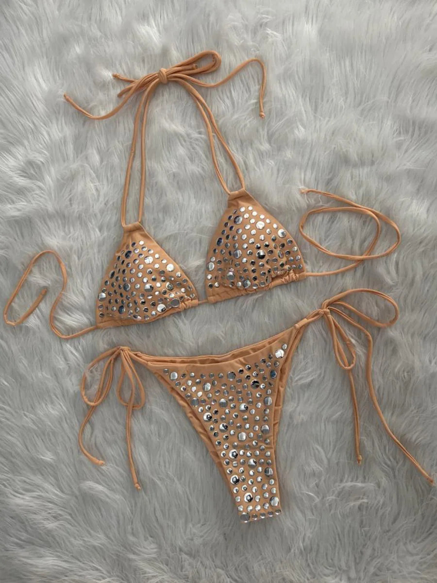 5 Colors UK Size Halter Metallic Sequins Sexy Bikini Women Swimsuit Female Swimwear 2 PCS Bikini Set Bather Bathing Suit Swim Lady Beachwear Women's Summer Beach Outfits