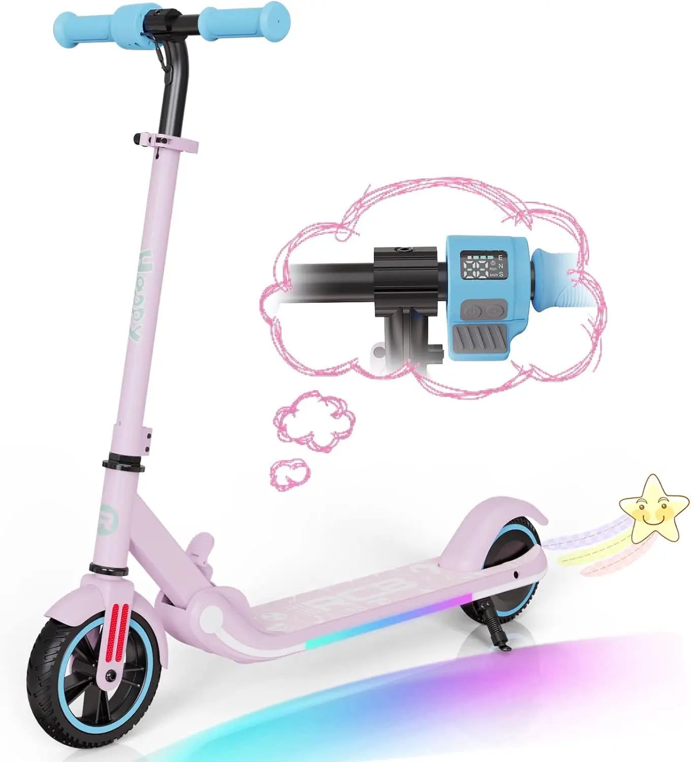 Electric Scooter for Kids, 150W Motor - Max 9.3mph - Bluetooth Speaker - Colorful LED Lights - Foldable - LED Display