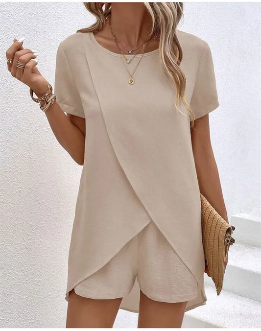BRAND NEW 2 PCS Set S-3XL UK Plus Size 7 Luxury Colors Solid Short Style Suit Chubby Women Italian Fashion Round Neck Short Sleeve Irregular Split Top Elastic Waist Shorts Shirts