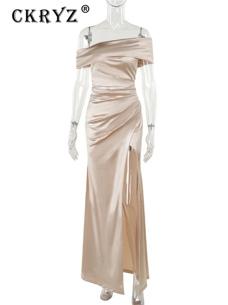 Low-Price Sales are Limited Luxurious Women Girls Autumn Italian Design Satin Ice Silk Elegant Evening Wedding Party Night Clubwear Business Dinner Outfits Sleeveless Backless Side Slit Ruched Maxi Dresses Ladies Luxury Fashi
