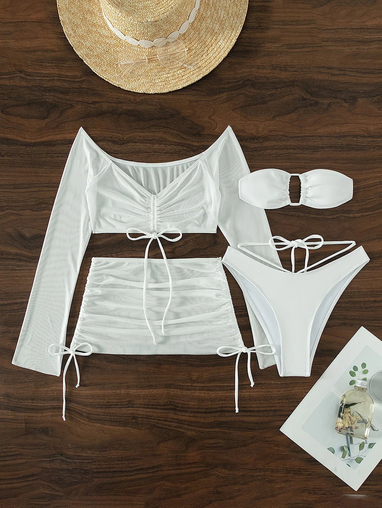 NEW Arrivals 4PCS Set - 4 Colors Women Girls Sexy Sheer Bikini Set, Bandeau Bra, High Cut Bottom, Drawstring Cover Up Top, Skirt, Summer Water Pool Beach Bathing Suit Female Ladies Summer Swimwear Swimsuit Fashion Apparel Sup