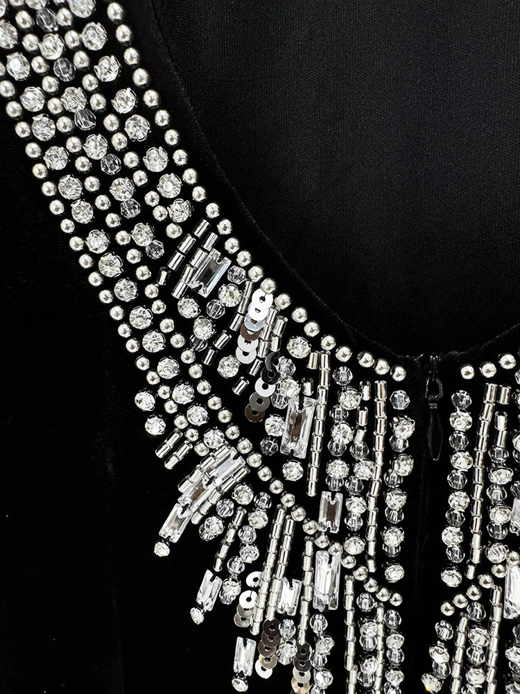 NEW Arrivals UK Size Sexy Halter Neck Backless Diamonds Sequin Long Dress Women Black Velvet Sleeveless Beaded Slim Dresses Evening Party Runway Red Carpet Gown Ladies Luxury Fashion Apparel Supplies