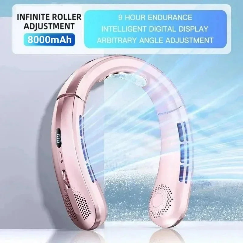 8000mAh USB Hanging Powerful Neck Fan Portable Bladeless Mini Rechargeable Mute LED Digital Display Electric Air Cooler Handheld.