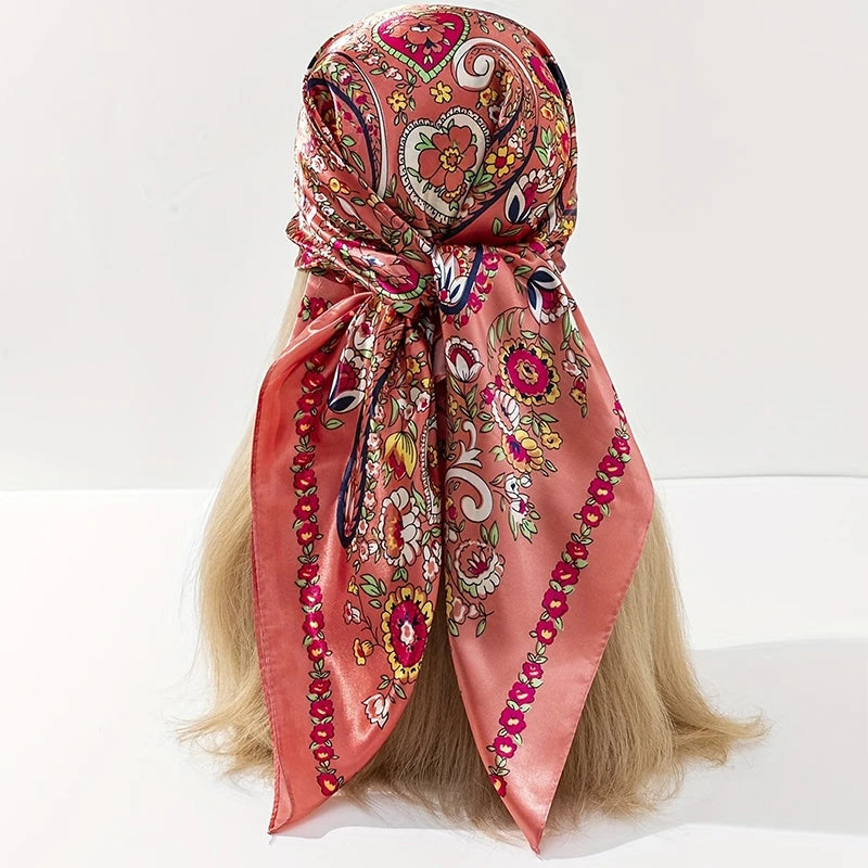 New 90x90cm 18 Colors Silk Shawl Satin Square Scarf For Women Paisley Neckerchief Female New Headband Hair Bands Print Foulard Hijab Wraps Bandana Women Apparel Accessories
