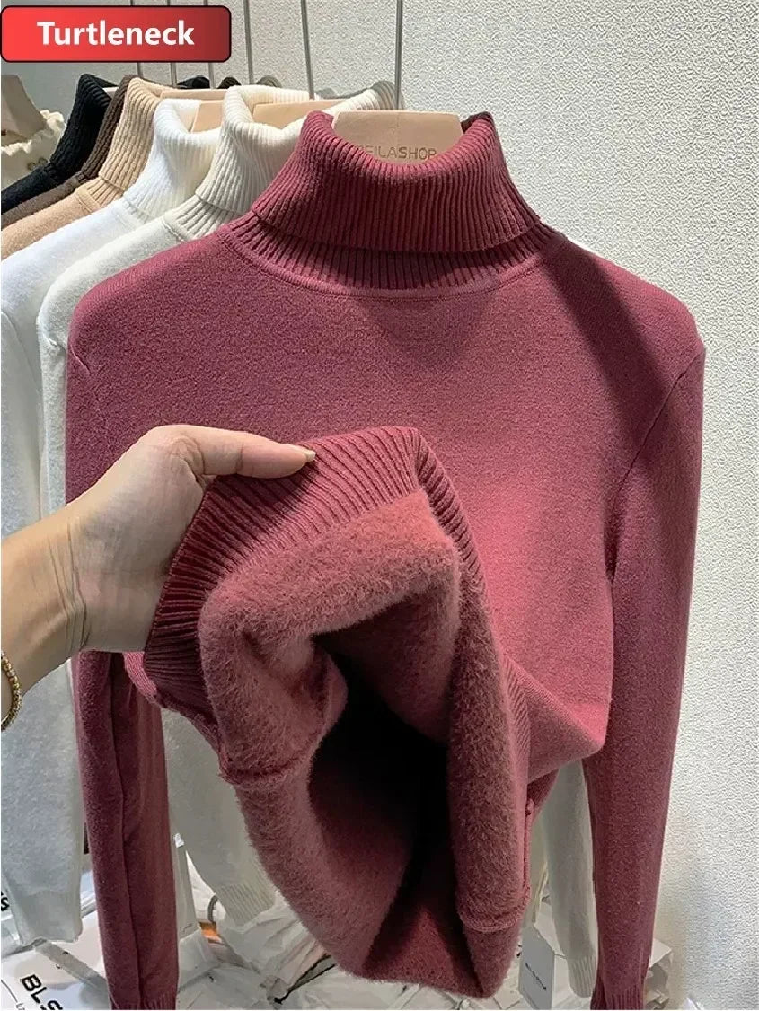 NEW Arrivals Sweater For Women Winter Thicken Turtleneck Slim Knit Pullover New Warm Plush Velvet Lined Knitwear Jumper Tops Casual Female Girls Luxury Fashion Clothing Supplies