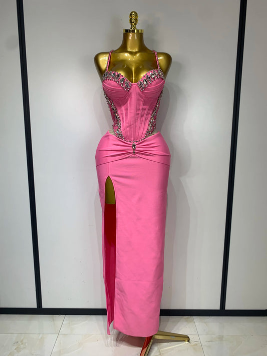 S-XL UK Size Black/Pink Color Women Sexy Backless Bodycon Sleeveless Bandage Diamonds Decoration Dress Elegant Prom Gown Club Evening Party Luxury Birthday Wedding Guest Red Carpet Dresses