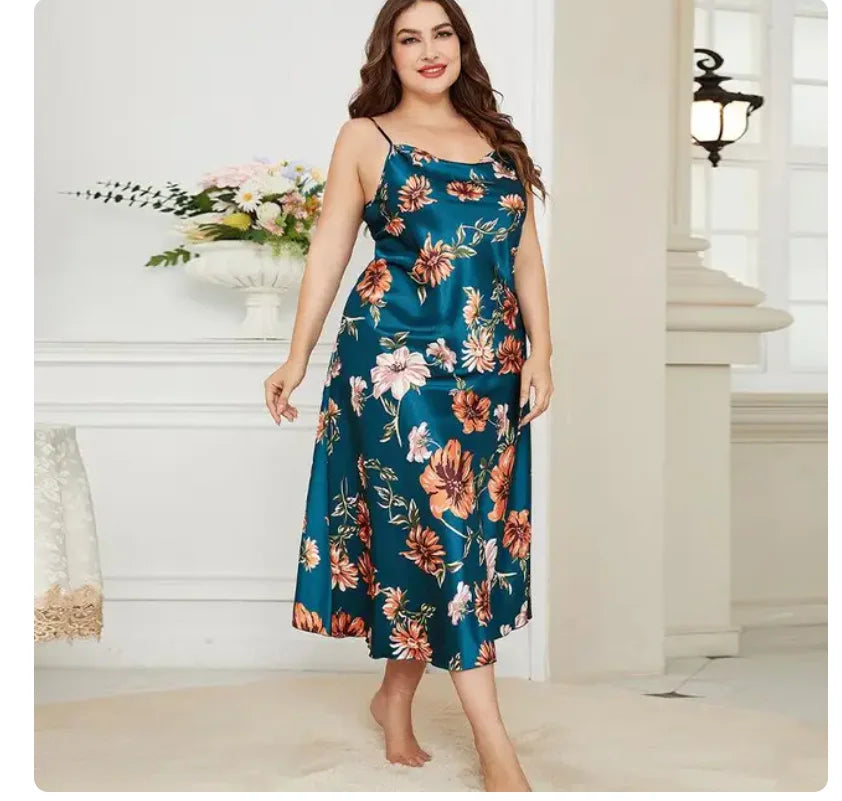 NEW Arrivals XL-5XL Plus Size Sexy Curvy Women Suspender Nightdress Sleepwear Lingerie Summer Ladies Nightgown Loose Silky Satin Dressing Gown Loungewear