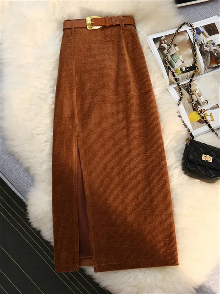 Autumn Winter Corduroy Women's Skirts with Belted New High Waist Straight Classic Front Split Skirts Ladies Female