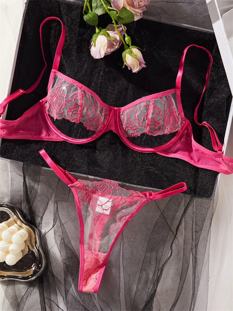 Sexy Rose Embroidery Underwear Tulle Transparent Bra Set Women Fancy Lingerie 2 Pcs Hollow Rose Red Lace Intimate Underwear