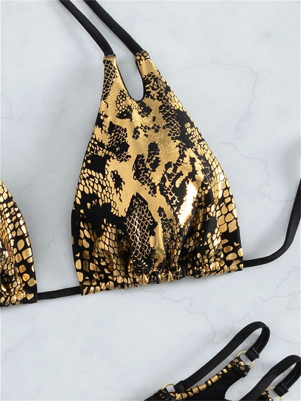 Black Gold Snakeskin Bikini Metallic Bronzing Goth Swimsuit Push Up Backless Extreme String Swimwear Thongs Women Beach Bathing Suit Ladies Summer Beach Vacation Outfits