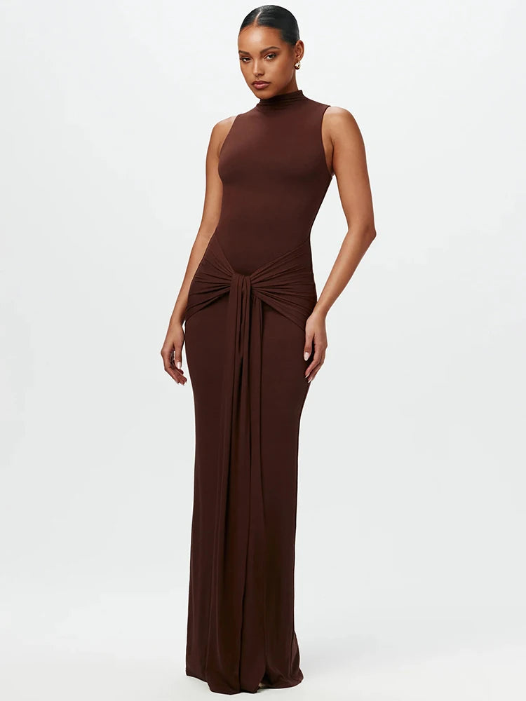 NEW!!!! Half High Collar Irregular Tank Dress For Women New Fashion Sleeveless Bodycon Ruched Sexy Long Dress Elegant