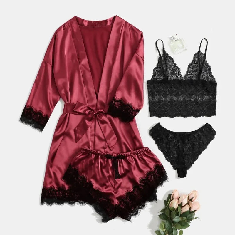 Black Sexy Women's Pajamas Satin 4-piece Lace Silk Suspender Tops Shorts Robe Pajamas Set Nightgown Underwear Nightdress Suit