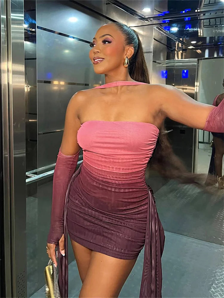 UK Size 6 Colors Summer Vacation Sexy See Through Dress + Shawl Women Ruched Side Ribbon Coquette Skinny Midnight Clubwear Party Bodycon