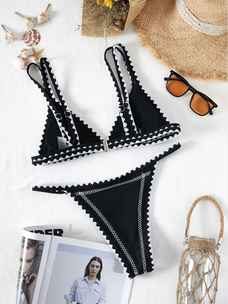 Peachtan Triangle Bikinis Set 2023 Print Women's Swimsuit Push Up High Cut Swimwear Women Low Waist Black Bikini Bathing Suit