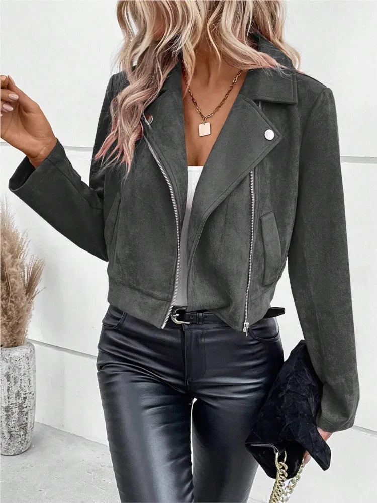 S-2XL US Size Women's Casual Lapel Zipper Jacket Imitation Deerskin Velvet Short Coat Winter Fashion Slim Women's Riding Short Jacket Casual Clothing Supplies