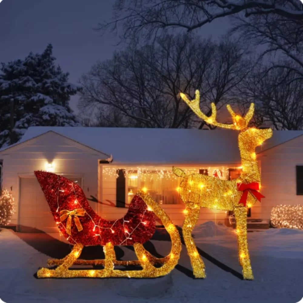 NEW Arrivals Lighted Christmas Reindeer and Sleigh Outdoor Yard Decoration Set with Lights Stakes Holiday Party Home Outdoor Garden Courtyard Lawn New Year Eve Decoration Accessories Supplies