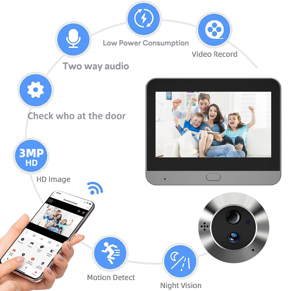 NEW Arrivals Alexa Google Two Way Audio 3MP TUYA  Smart Life APP 2.4Ghz 128G Wi-Fi Digital Magic Eye Door Viewer Battery Peephole Camera 4.3inch Screen Monitor Home Office Security Supplies