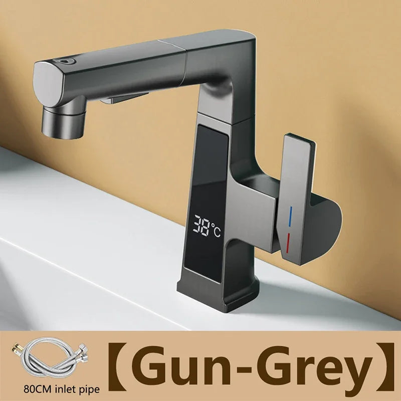 NEW Digital Display Pulling Faucet with Washing Gun Intelligent Temperature Sensor Brass Washbasin Taps Rotating Lifting Cold and Hot Water Mixer Tap Home Bathroom Kitchen Accessories