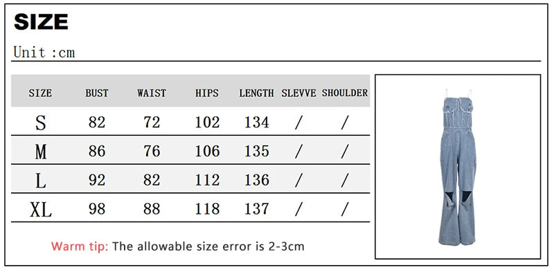 NEW Arrivals UK Size Casual Denim Jumpsuit Summer Women  Strapless V-Neck Zip Up Hole Street Trend Wide Leg Pants Club Romper With Pockets