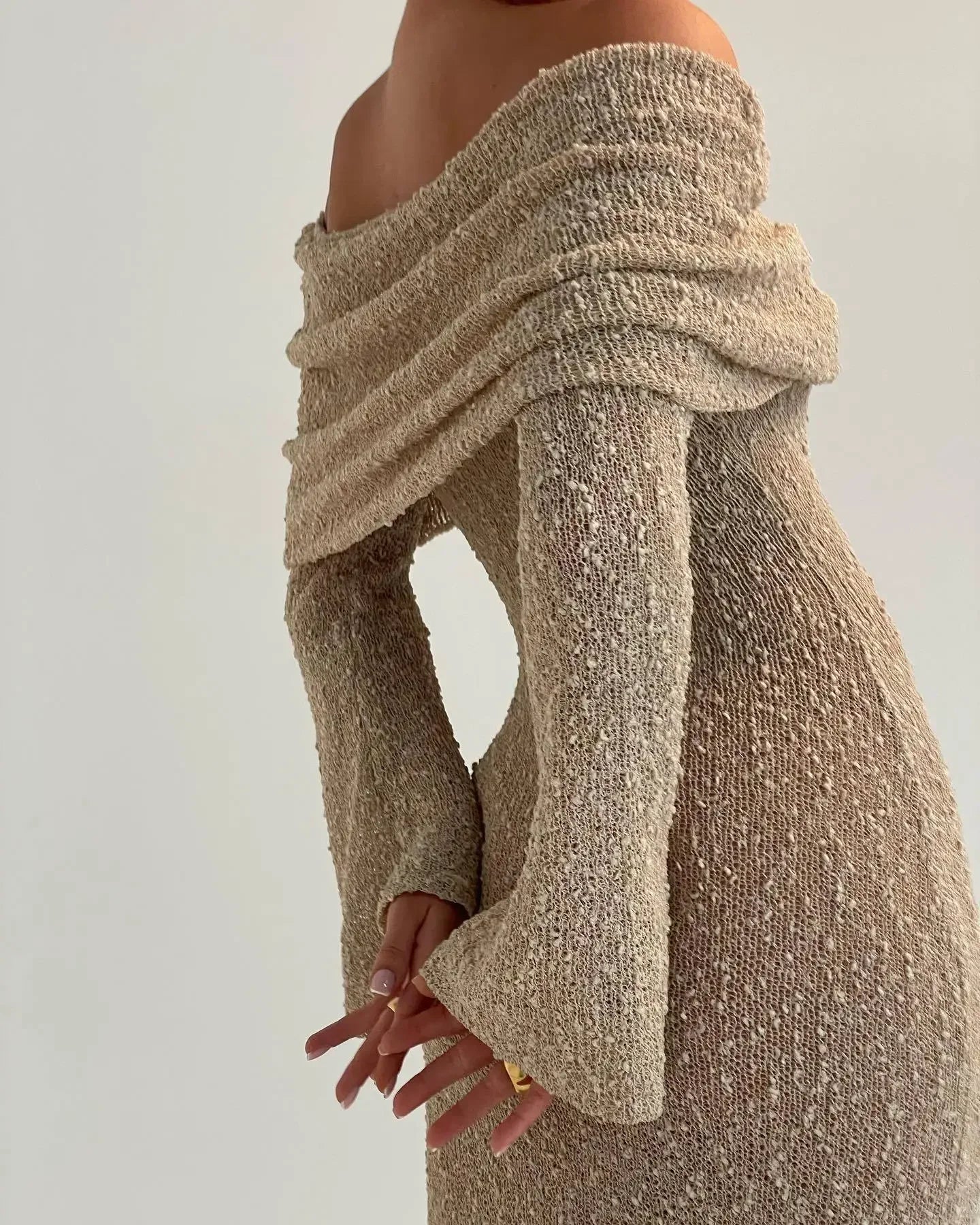 NEW Arrivals UK Size Black/Khaki/White Color Sexy Long Sleeve Hollow Out Knitted Dresses Women Elegant Off Shoulder Knit Long Dress Evening Beach Party Night Club See Through Dress