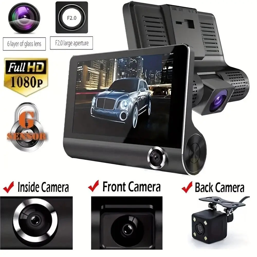 Three Lenses Car Driving Tachograph Front Rear Inside Wide Angle 24H Parking Recorder Loop Recording Night Vision Pedestrian Safety Detector Vehicles Security Accessories