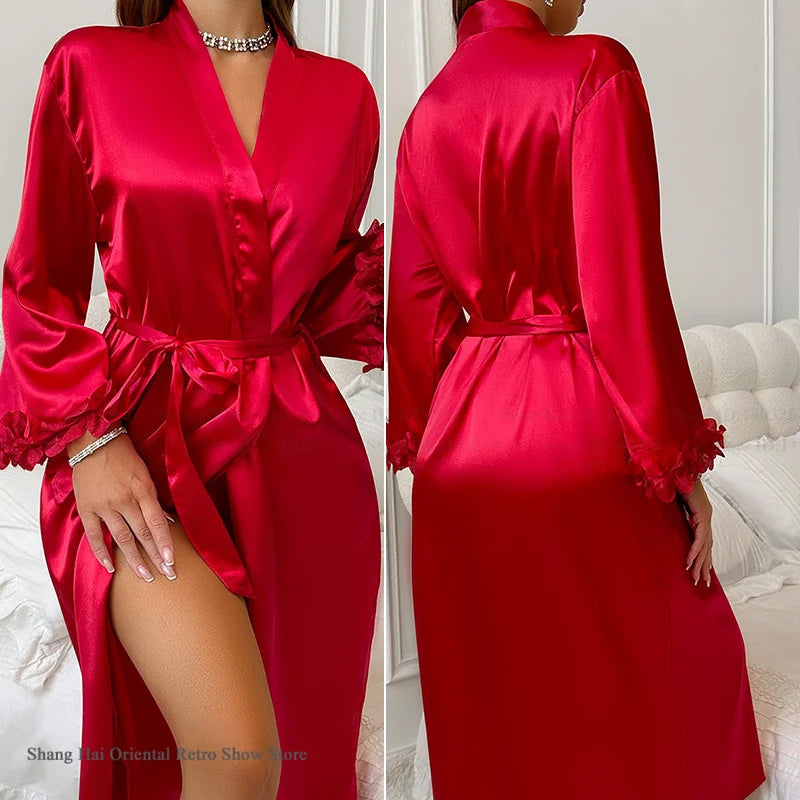 NEW S-XL Female 2PCS Set 3 Colors Robe Set Nightgown Sexy Lace Long Kimono Bathrobe Gown Silk Satin Loungewear Summer Sleepwear Lingerie Home Wear