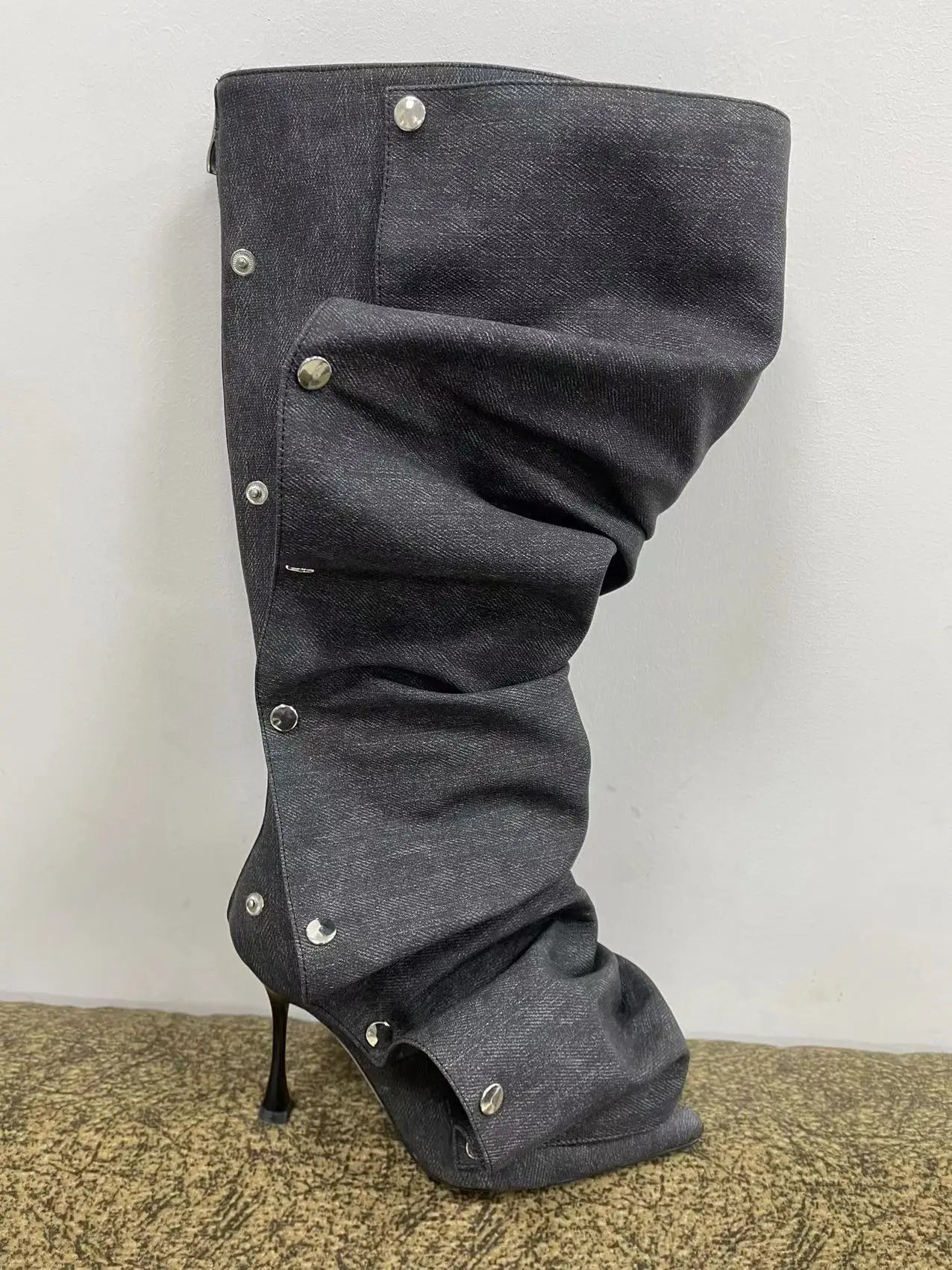 Just Arrived 7 Colors High Heel Long Boots for Women Botte Winter Boots Shoes Botas Mujer Thin Heeled Pointed Leather Denim Metal Button Shoe s Women Casual Apparel Accessories
