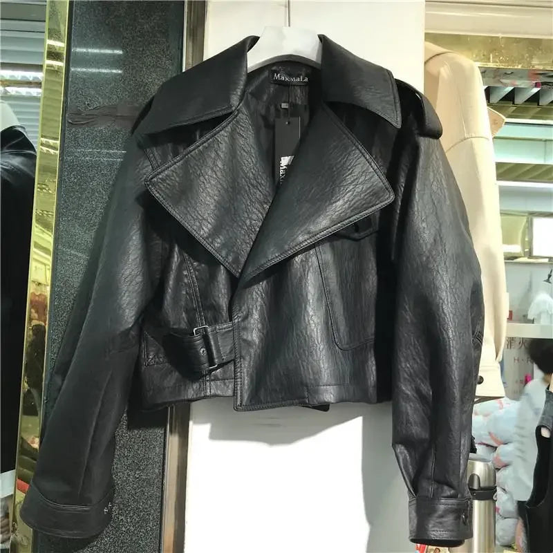 NEW Arrivals Vintage Casual Streetwear Women Leather Jacket Turn Down Collar Long Sleeve Loose Autumn Winter Coat  Style Chic Tops