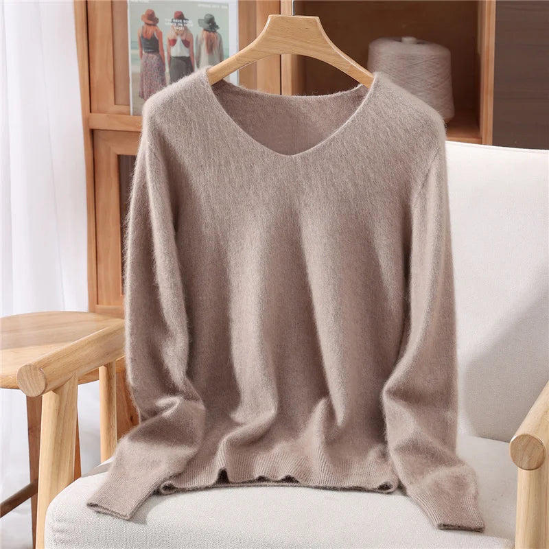 100% Mink Uzbekistan Cashmere 10 Colors S-3XL UK Plus Size Sweater Women's Autumn Winter New Style Solid Color V-Neck Knitted Top Quality Sweater Versatile Loose Base Top