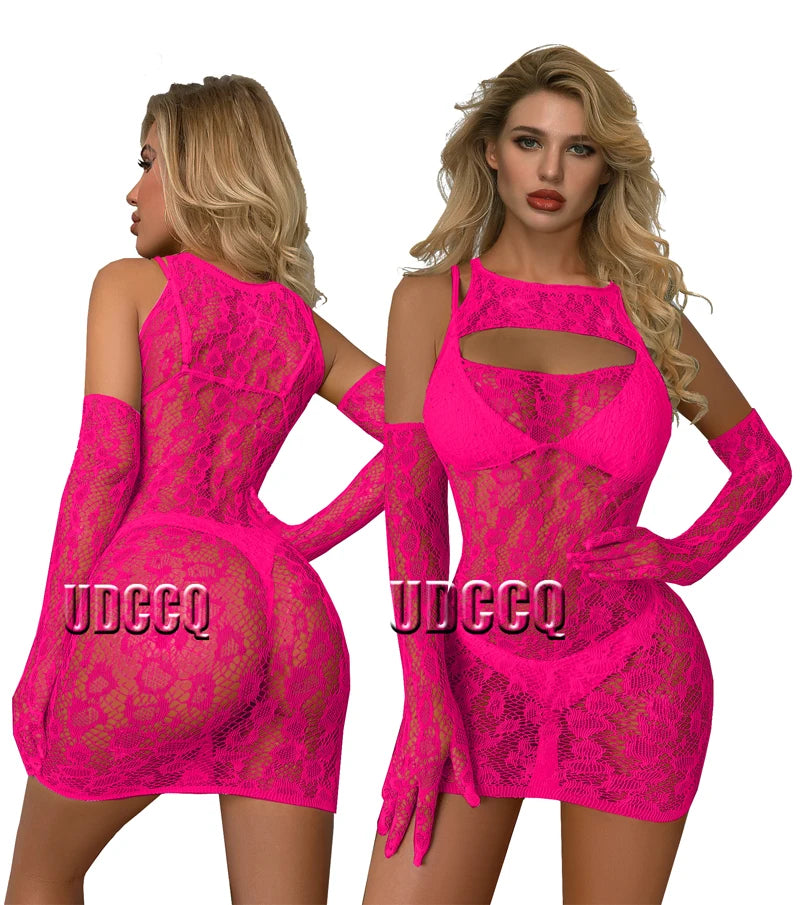 Sexy Sleepwear plus size Lingerie Babydoll Leopard Temptation Intimate Catsuit Nightwear Strapless sexy skirt for sex+Gloves