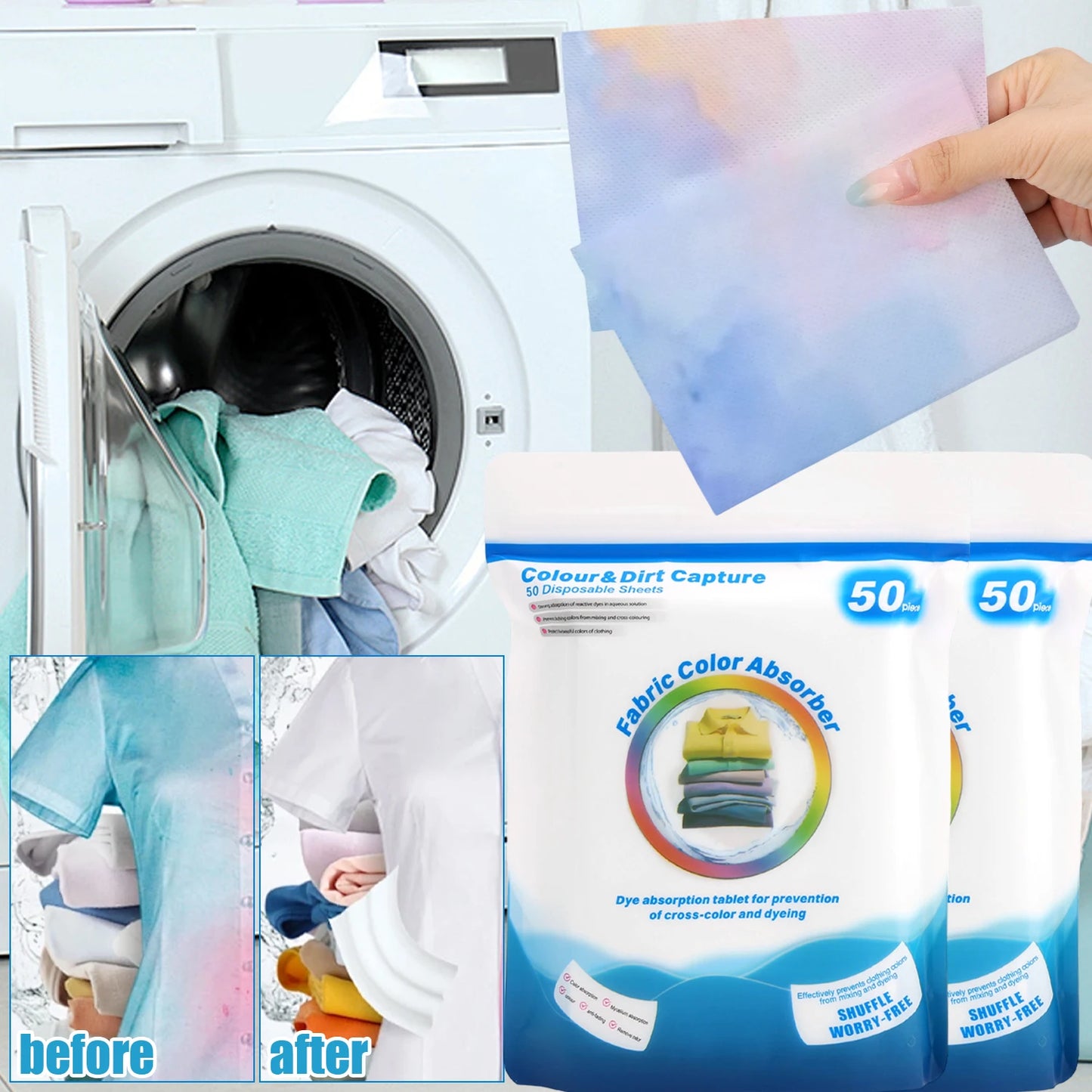 100/200 PCS 48 Bags Set Color Absorbing Catcher Cloth Film Household Machine Wash Nonwovens Anti Cross Dyeing Paper Sheets  Clothes Mixed Washing No Cross Color Tools Laundry Cleaning Accessories