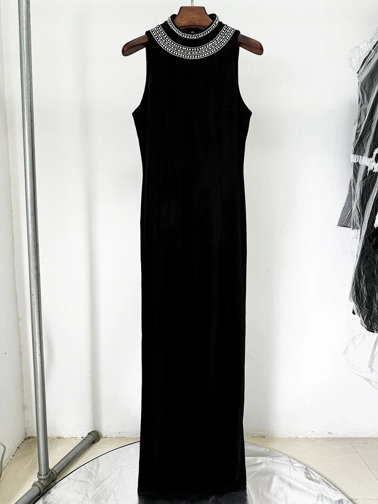 NEW Arrivals UK Size Sexy Halter Neck Backless Diamonds Sequin Long Dress Women Black Velvet Sleeveless Beaded Slim Dresses Evening Party Runway Red Carpet Gown Ladies Luxury Fashion Apparel Supplies