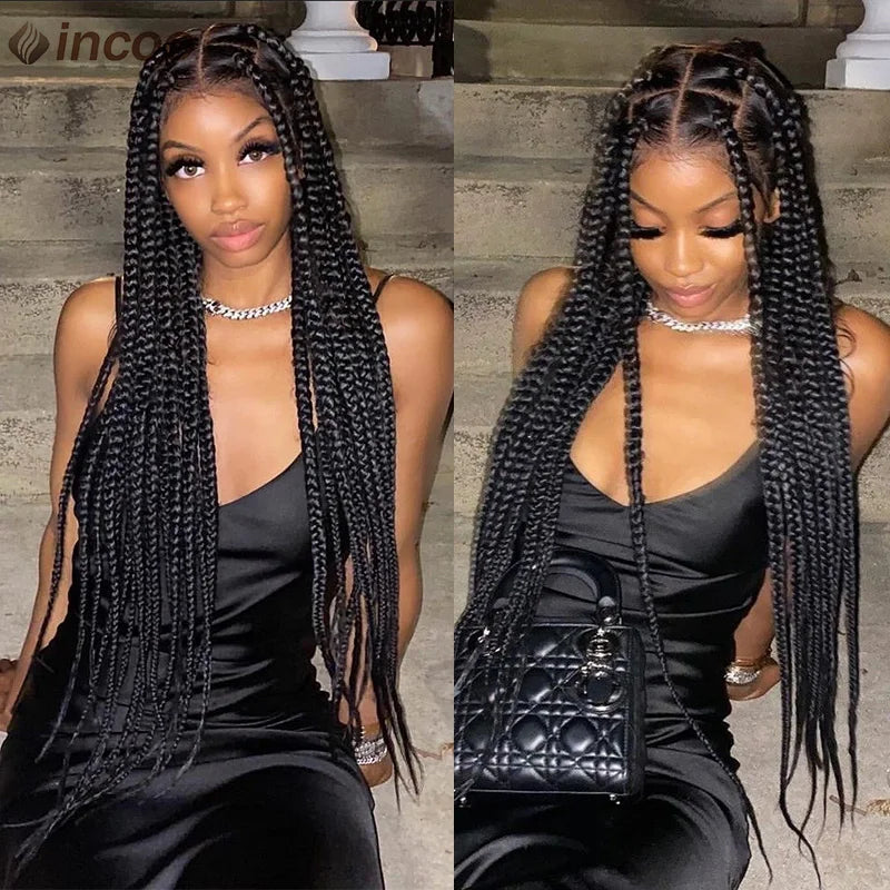 Large Box Braided Wigs Jumbo Knotless Full Lace Front Synthetic Wigs For Black Women Jumbo Tribal Braids Faux Locs Cornrows Wig