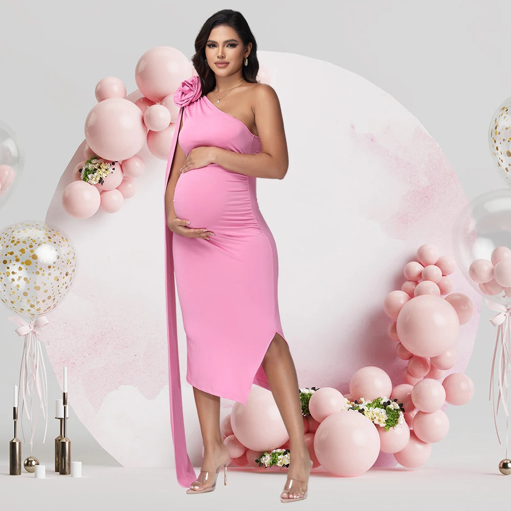 NEW S-XL Maternity Pink One Shoulder 3D Floral Floating Sleeve Bodycon Summer Midi Dress for Baby Shower Photoshoot Evening Party Formal Dress