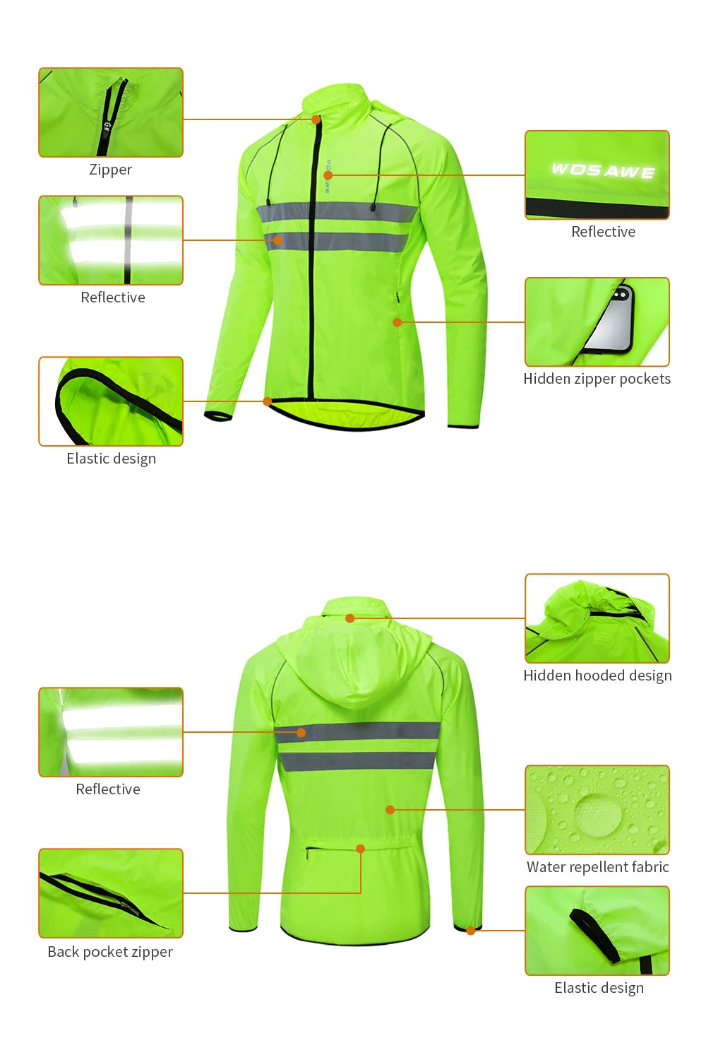 WOSAWE Ultralight Men's Cycling Windbreaker Reflective Jacket Windproof Water Resistant MTB Road Bicycle Long Jersey Wind Coat