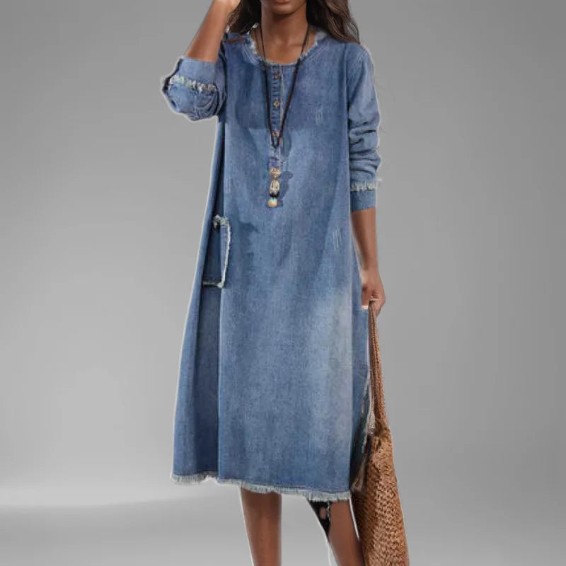 M-2XL Fashion Women's Wash Plush Edge Pockets Loose Denim Dress Autumn Trendy O-Neck Long Sleeves Dresses Female 1LS006 Female Streetwear Casual Clothing Supplies