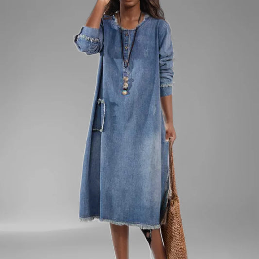 M-2XL Fashion Women's Wash Plush Edge Pockets Loose Denim Dress Autumn Trendy O-Neck Long Sleeves Dresses Female 1LS006 Female Streetwear Casual Clothing Supplies