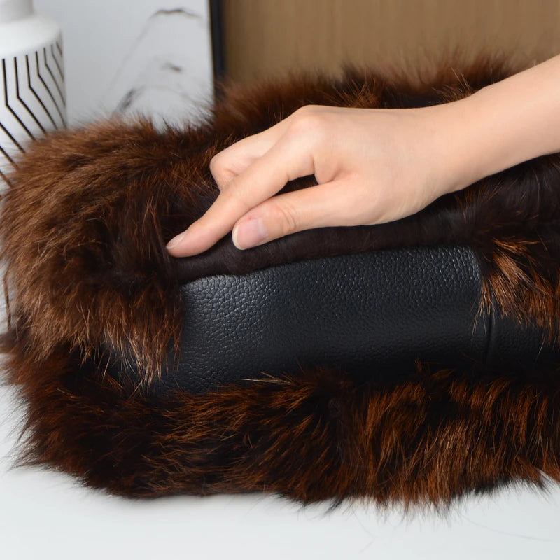 Luxurious Real Natural Red Fox Fur Handbag Women Single Shoulder Crossbody Bags Lady Clutch Bag Tote Bag Winter Outdoor Evening Travel  Ladies Warm Shoulder Bags Female Women Luxury Fashion Clothing Accessories Products