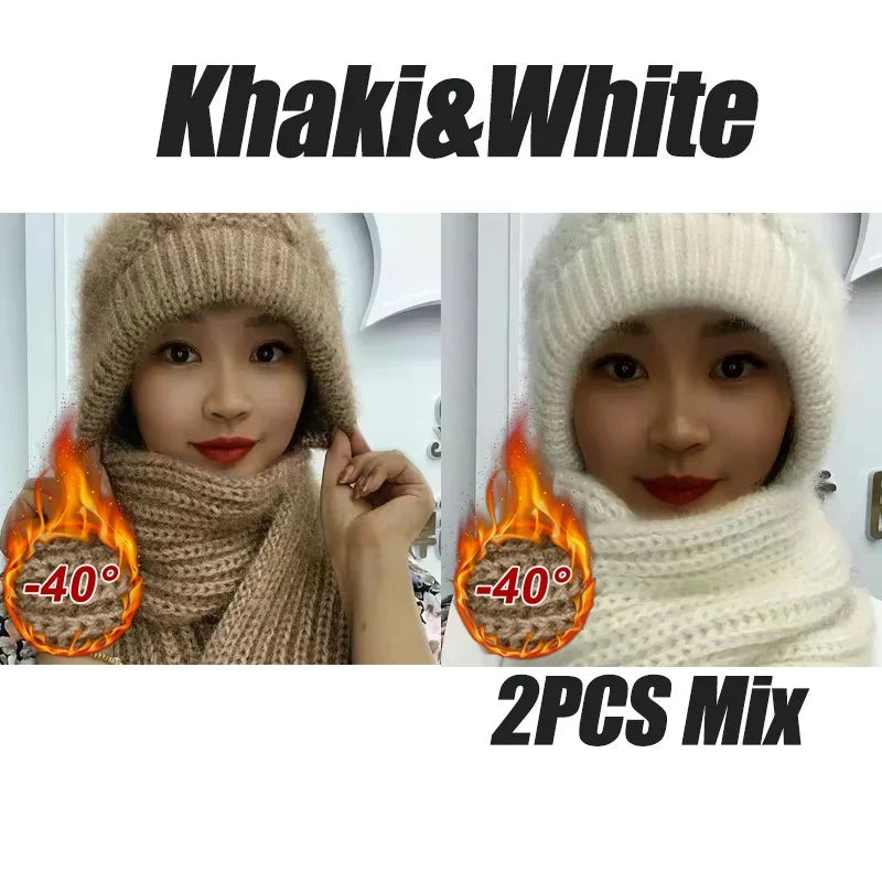 NEW 2 PCS Set 5 Colors Fleece Lined Cycling Beanie Scarf Set Women Thermal Windproof Knit Cap Snow Hood Winter Cold Weather Warm Set Outdoor Skiing Travel Hiking