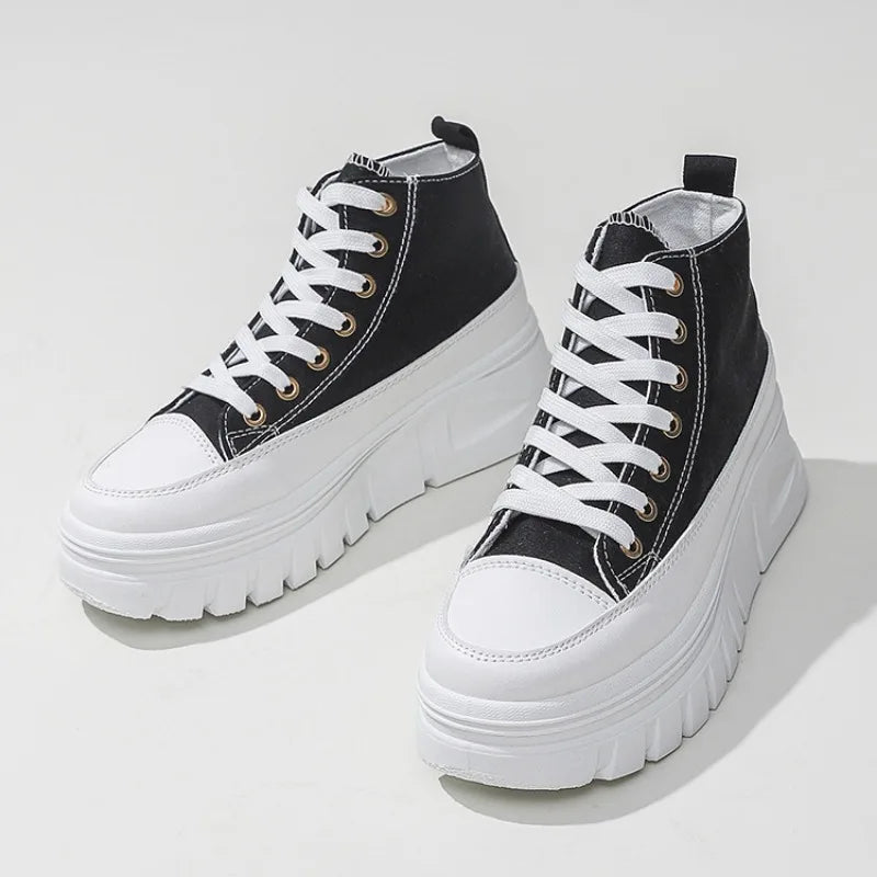 New Women Lace-Up Front High Top Platform Canvas Shoes Fashion Casual Comfortable Height Increasing Sneakers