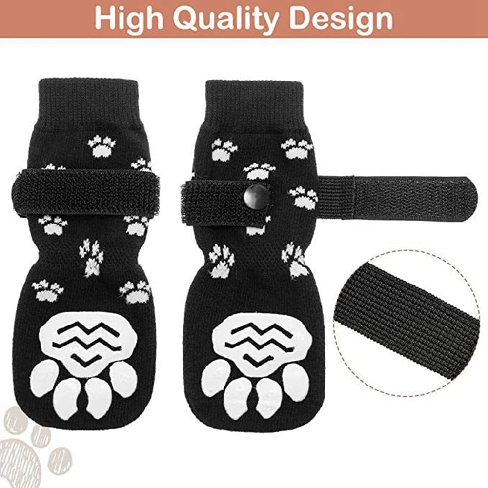 4Pcs Winter Warm Dog Socks Adjustable Anti Slip Skid Pet Shoes Socks Soft Breathable Paw Protector for Small Puppy Cat Dogs