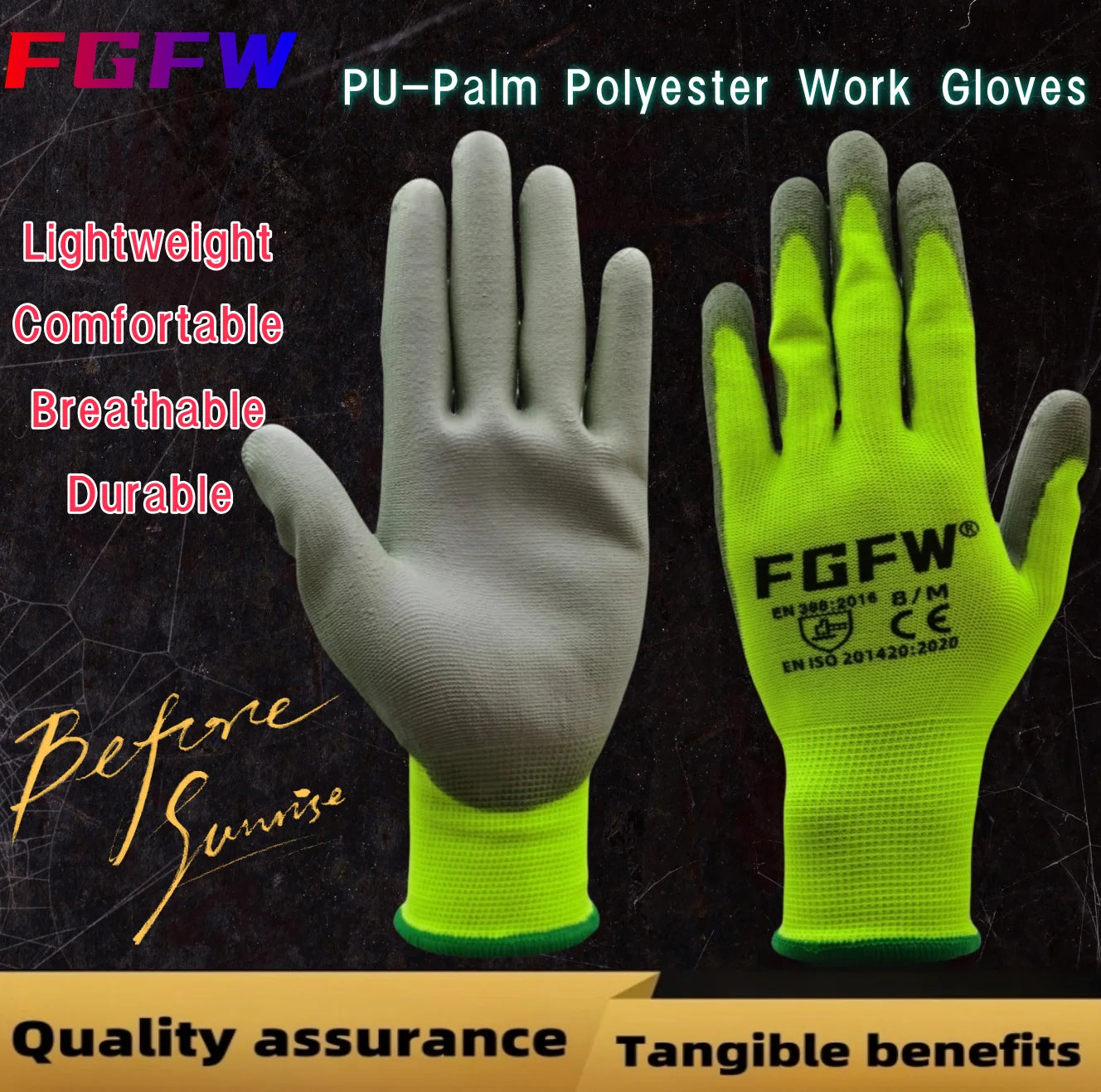 NEW 10 Pairs PU Leather Coated Work Gloves - Lightweight, Durable Safety Gloves EN 388/ISO20471 Certified, Sizes S/M/L/XL