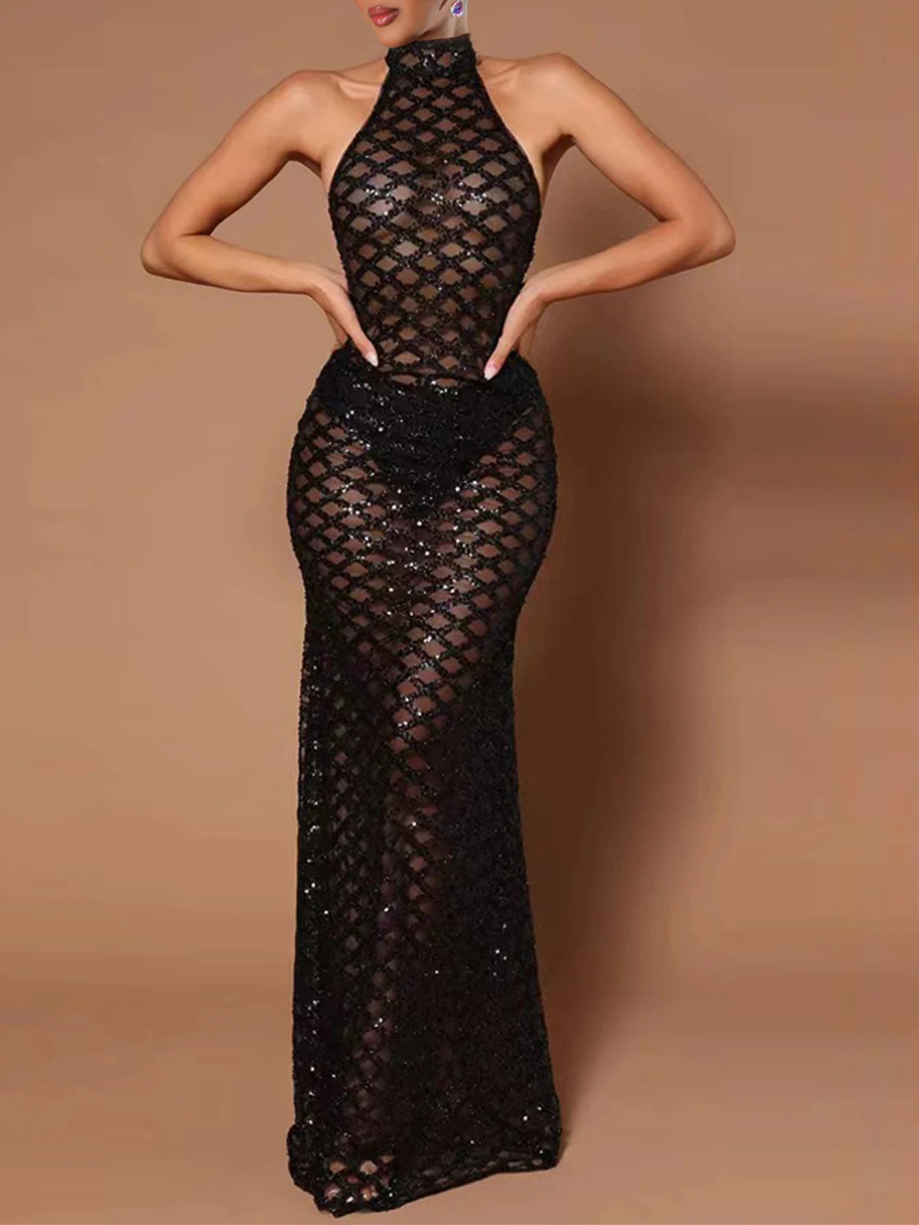 NEW Arrivals Sexy Black See Through Sequin Maxi Summer Dress Women  Bodycon Evening Beach Party Nightclub Birthday Party Dress Luxury Evening Long Dresses Girls Ladies Sexy Apparel Supplies