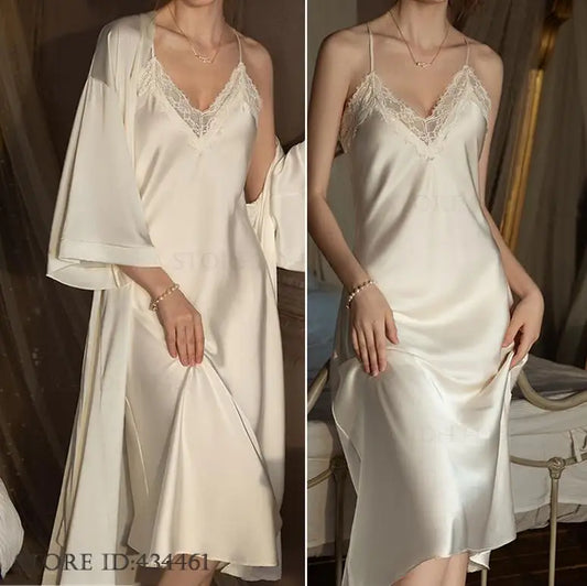 2 PCS Set S-3XL Plus Size Satin Ice Silk 3 Colors Curvy Ladies Long Robe Nightgown Set Pajamas Elegant Kimono Bathrobe Gown Sleepwear Summer Sexy Women's Home Wear Loungewear