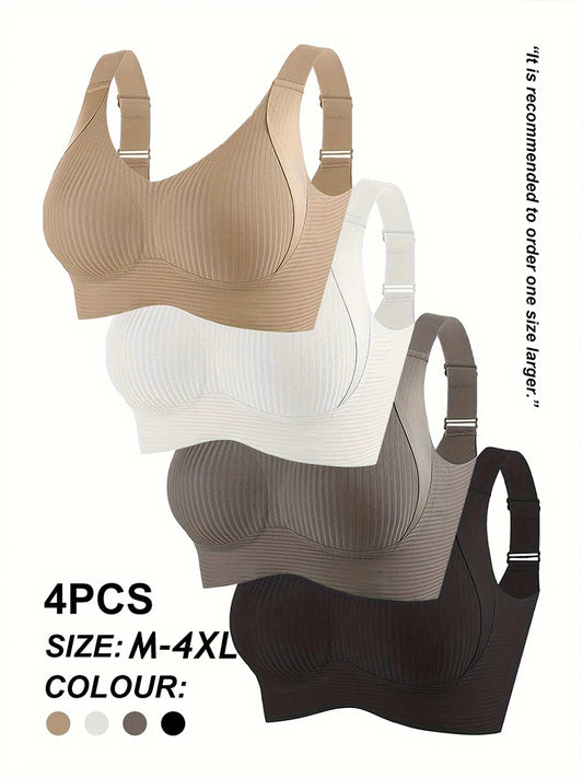 NEW Arrivals M-4XL Plus Size 4PCS/Set Seamless Bras for Women Female Full Cup Wireless Soft Sleepwear Ladies Push Up Sexy Lingerie Plus Brassiere Ladies Top Quality Underwear Sets