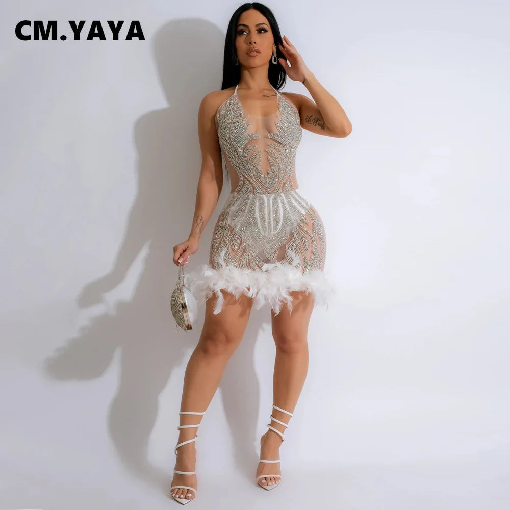 5 Colors S-2XL Women Sequined See Through Feather Strap INS Bodycon Mini Dress Spring Summer Sexy Night Party Club Prom Dresses