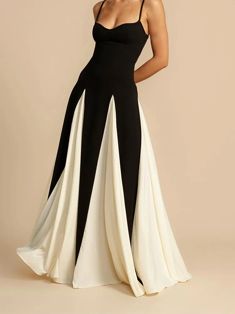 NEW Italian Fashion Gauze Contrasting Color Strap Sling-Long Sleeves Maxi Dress For Women Girls Elegant Backless Sleeveless High Waist Evening Party Dress Female Ladies Luxury Fashion Clothing Supplies